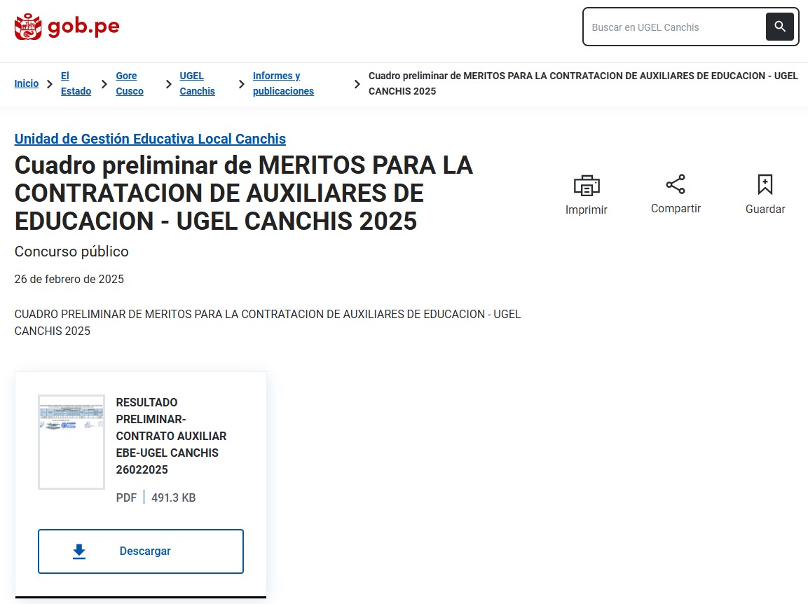 Cuadro preliminar de MERITOS PARA LA CONTRATACION DE AUXILIARES DE EDUCACION - UGEL CANCHIS 2025